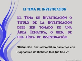 EL TEMA DE INVESTIGACION

El Tema de Investigación o
Título de la Investigación
debe ser tomado de una
Área Temática, o bien, de
una línea de investigación.

“Disfunción Sexual Eréctil en Pacientes con
Diagnóstico de Diabetes Mellitus tipo 2”.
 