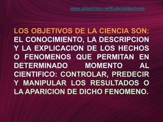 www.slideshare.net/Euler/slideshowsLOS OBJETIVOS DE LA CIENCIA SON: EL CONOCIMIENTO, LA DESCRIPCION Y LA EXPLICACION DE LOS HECHOS O FENOMENOS QUE PERMITAN EN DETERMINADO MOMENTO AL CIENTIFICO: CONTROLAR, PREDECIR Y MANIPULAR LOS RESULTADOS O LA APARICION DE DICHO FENOMENO.