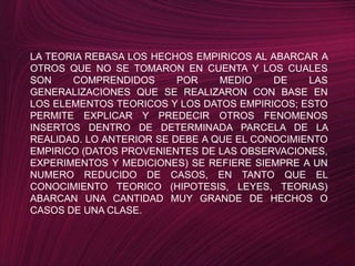 LA TEORIA REBASA LOS HECHOS EMPIRICOS AL ABARCAR A OTROS QUE NO SE TOMARON EN CUENTA Y LOS CUALES SON COMPRENDIDOS POR MEDIO DE LAS GENERALIZACIONES QUE SE REALIZARON CON BASE EN LOS ELEMENTOS TEORICOS Y LOS DATOS EMPIRICOS; ESTO PERMITE EXPLICAR Y PREDECIR OTROS FENOMENOS INSERTOS DENTRO DE DETERMINADA PARCELA DE LA REALIDAD. LO ANTERIOR SE DEBE A QUE EL CONOCIMIENTO EMPIRICO (DATOS PROVENIENTES DE LAS OBSERVACIONES, EXPERIMENTOS Y MEDICIONES) SE REFIERE SIEMPRE A UN NUMERO REDUCIDO DE CASOS, EN TANTO QUE EL CONOCIMIENTO TEORICO (HIPOTESIS, LEYES, TEORIAS) ABARCAN UNA CANTIDAD MUY GRANDE DE HECHOS O CASOS DE UNA CLASE.