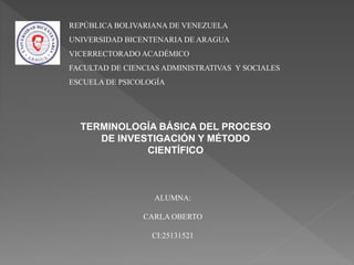 REPÚBLICA BOLIVARIANA DE VENEZUELA
UNIVERSIDAD BICENTENARIA DE ARAGUA
VICERRECTORADO ACADÉMICO
FACULTAD DE CIENCIAS ADMINISTRATIVAS Y SOCIALES
ESCUELA DE PSICOLOGÍA
TERMINOLOGÍA BÁSICA DEL PROCESO
DE INVESTIGACIÓN Y MÉTODO
CIENTÍFICO
ALUMNA:
CARLA OBERTO
CI:25131521
 