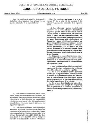 BOLETÍN OFICIAL DE LAS CORTES GENERALES
CONGRESO DE LOS DIPUTADOS
Serie A  Núm. 107-5	 20 de noviembre de 2014	 Pág. 102
Uno.  Se modifican la letra h) y el número 6.º
de la letra m) del apartado 1 del artículo 14, que
quedan redactados de la siguiente forma:
Uno.  Se modifican las letras c) y h) y el
número 6.º de la letra m) del apartado 1 del
artículo 14, que quedan redactados de la siguiente
forma:
«c)  Los intereses y demás rendimientos
obtenidos por la cesión a terceros de capitales
propios a que se refiere el artículo 25.2 de la
Ley 35/2006 de 28 de noviembre, del Impuesto
sobre la Renta de las Personas Físicas y de
modificación parcial de las leyes de los Impues-
tos sobre Sociedades, sobre la Renta de no
Residentes y sobre el Patrimonio, así como las
ganancias patrimoniales derivadas de bienes
muebles obtenidos sin mediación de estableci-
miento permanente, por residentes en otro
Estado miembro de la Unión Europea o por
establecimientos permanentes de dichos resi-
dentes situados en otro Estado miembro de la
Unión Europea.
Lo dispuesto en el párrafo anterior no resul-
tará de aplicación a las ganancias patrimoniales
derivadas de la transmisión de acciones, parti-
cipaciones u otros derechos en una entidad en
los siguientes casos:
1.  Que el activo de la entidad consista prin-
cipalmente, directa o indirectamente, en bienes
inmuebles situados en territorio español.
2.  En el caso de contribuyentes personas
físicas, que en algún momento anterior, durante
el periodo de 12 meses precedente a la transmi-
sión, el contribuyente haya participado, directa
o indirectamente, en al menos el 25 por ciento
del capital o patrimonio de la entidad.
3.  En el caso de entidades no residentes,
que la transmisión no cumpla los requisitos
para la aplicación de la exención prevista en el
artículo 21 de la Ley del Impuesto sobre Socie-
dades.»
«h)  Los beneficios distribuidos por las socie-
dades filiales residentes en territorio español a sus
sociedades matrices residentes en otros Estados
miembros de la Unión Europea o a los estableci-
mientos permanentes de estas últimas situados en
otros Estados miembros, cuando concurran los
siguientes requisitos:
1.º  Que ambas sociedades estén sujetas y no
exentas a alguno de los tributos que gravan los
beneficios de las entidades jurídicas en los Estados
miembros de la Unión Europea, mencionados en el
artículo 2.c) de la Directiva 2011/96/UE del Con-
sejo, de 30 de junio de 2011, relativa al régimen
aplicable a las sociedades matrices y filiales de
cve:BOCG-10-A-107-5
 