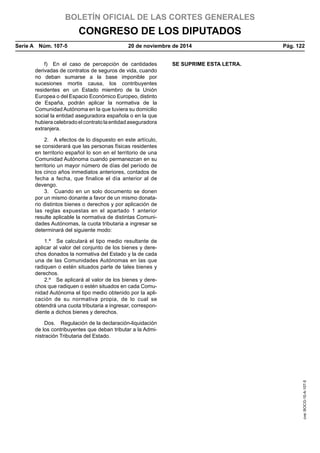BOLETÍN OFICIAL DE LAS CORTES GENERALES
CONGRESO DE LOS DIPUTADOS
Serie A  Núm. 107-5	 20 de noviembre de 2014	 Pág. 122
f)  En el caso de percepción de cantidades
derivadas de contratos de seguros de vida, cuando
no deban sumarse a la base imponible por
sucesiones mortis causa, los contribuyentes
residentes en un Estado miembro de la Unión
Europea o del Espacio Económico Europeo, distinto
de España, podrán aplicar la normativa de la
Comunidad Autónoma en la que tuviera su domicilio
social la entidad aseguradora española o en la que
hubieracelebradoelcontratolaentidadaseguradora
extranjera.
SE SUPRIME ESTA LETRA.
2.  A efectos de lo dispuesto en este artículo,
se considerará que las personas físicas residentes
en territorio español lo son en el territorio de una
Comunidad Autónoma cuando permanezcan en su
territorio un mayor número de días del período de
los cinco años inmediatos anteriores, contados de
fecha a fecha, que finalice el día anterior al de
devengo.
3.  Cuando en un solo documento se donen
por un mismo donante a favor de un mismo donata-
rio distintos bienes o derechos y por aplicación de
las reglas expuestas en el apartado 1 anterior
resulte aplicable la normativa de distintas Comuni-
dades Autónomas, la cuota tributaria a ingresar se
determinará del siguiente modo:
1.º  Se calculará el tipo medio resultante de
aplicar al valor del conjunto de los bienes y dere-
chos donados la normativa del Estado y la de cada
una de las Comunidades Autónomas en las que
radiquen o estén situados parte de tales bienes y
derechos.
2.º  Se aplicará al valor de los bienes y dere-
chos que radiquen o estén situados en cada Comu-
nidad Autónoma el tipo medio obtenido por la apli-
cación de su normativa propia, de lo cual se
obtendrá una cuota tributaria a ingresar, correspon-
diente a dichos bienes y derechos.
Dos.  Regulación de la declaración-liquidación
de los contribuyentes que deban tributar a la Admi-
nistración Tributaria del Estado.
cve:BOCG-10-A-107-5
 