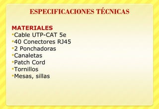 MATERIALES  Cable UTP-CAT 5e 40 Conectores RJ45 2 Ponchadoras Canaletas Patch Cord Tornillos Mesas, sillas 