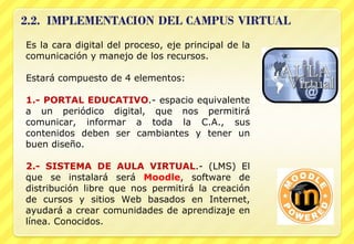 Es la cara digital del proceso, eje principal de la comunicación y manejo de los recursos. Estará compuesto de 4 elementos: 1.- PORTAL EDUCATIVO .- espacio equivalente a un periódico digital, que nos permitirá comunicar, informar a toda la C.A., sus contenidos deben ser cambiantes y tener un buen diseño. 2.- SISTEMA DE AULA VIRTUAL .- (LMS) El que se instalará será  Moodle , software de distribución libre que nos permitirá  la creación de cursos y sitios Web basados en Internet,  ayudará a crear comunidades de aprendizaje en línea. Conocidos.  