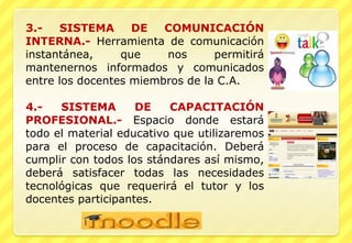 3.- SISTEMA DE COMUNICACIÓN INTERNA.-  Herramienta de comunicación instantánea, que nos permitirá mantenernos informados y comunicados entre los docentes miembros de la C.A. 4.- SISTEMA DE CAPACITACIÓN PROFESIONAL.-  Espacio donde estará todo el material educativo que utilizaremos para el proceso de capacitación. Deberá cumplir con todos los stándares así mismo, deberá satisfacer todas las necesidades tecnológicas que requerirá el tutor y los docentes participantes. 