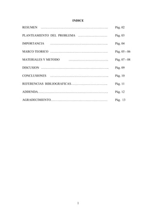 INDICE
RESUMEN ………………………………………………………. Pág. 02
PLANTEAMIENTO DEL PROBLEMA ………………………. Pág. 03
IMPORTANCIA ………………………………………………. Pág. 04
MARCO TEORICO ………………………………………………. Pág. 05 - 06
MATERIALES Y METODO ……………………………….. Pág. 07 - 08
DISCUSION ……………………………………………………….. Pág. 09
CONCLUSIONES ……………………………………………….. Pág. 10
REFERENCIAS BIBLIOGRAFICAS…………………………….. Pág. 11
ADDENDA…………………………………………………………. Pág. 12
AGRADECIMIENTO……………………………………………… Pág. 13
1
 