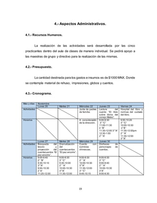 19
4.- Aspectos Administrativos.
4.1.- Recursos Humanos.
La realización de las actividades será desarrollada por las cinco
practicantes dentro del aula de clases de manera individual. Se pedirá apoyo a
las maestras de grupo y directivo para la realización de las mismas.
4.2.- Presupuesto.
La cantidad destinada para los gastos e insumos es de $1000 MNX. Donde
se contempla material de rehuso, impresiones, globos y cuentos.
4.3.- Cronograma.
Mes y días Noviembre
Lunes 20 Martes 21 Miércoles 22 Jueves 23 Viernes 24
Actividades Junta de padres
de familia.
Lectura del
cuento “El libro
sobre libros del
conejo Mateo”.
Hospital del libro y
normas del cuidado
del libro.
Horarios A consideración
de la dirección.
9:00-9:30
3° “C”
11:00-11:30
2 ‘’B”
11:30-12:00 3°”A”
12:30-1:00
2° “A”
9:50-10:20
3° “C”
10:00-10:30
2’’B’’
11:30-12:00pm
2° “A”
11:30-12:00
3°”A”
Lunes 27 Martes 28 Miércoles 29 Jueves 30
Actividades Búsqueda del
tesoro y
proyección del
cuentacuentos “El
pez arcoíris”.
Dramatización
del
cuentacuentos
“El pez arcoíris”.
Cuento con
sombras
chinescas.
Disfraces de
personajes de
cuentos.
Horarios 9:00-9:40
2° “B”
9:30-10:10
3°”A”
9:50-10:30
2’’A’’
11:20-12:00
9:00-9:30
3° “C”
9:30-10:00
2° ’’A’’
10:00-10:30
3°”A”
11:30-12:00
9:00-9:30
2° ’’A’’
10:00-10:30
3°”A”
11:30-12:00
3° “C”
9:45-10:15
9:00-9:30
3° “C”
9:00-9:40
2° ’’A’’
10:00-10:30
3°A”
9:00-9:30
 