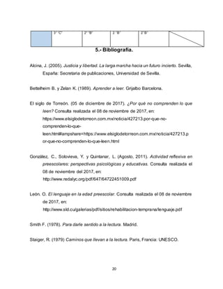 20
3° “C” 2° “B” 2 ‘’B’’ 2’’B’’
5.- Bibliografía.
Alcina, J. (2005). Justicia y libertad. La larga marcha hacia un futuro incierto. Sevilla,
España: Secretaria de publicaciones, Universidad de Sevilla.
Bettelheim B. y Zelan K. (1989). Aprender a leer. Grijalbo Barcelona.
El siglo de Torreón. (05 de diciembre de 2017). ¿Por qué no comprenden lo que
leen? Consulta realizada el 08 de noviembre de 2017, en:
https://www.elsiglodetorreon.com.mx/noticia/427213.por-que-no-
comprenden-lo-que-
leen.html#ampshare=https://www.elsiglodetorreon.com.mx/noticia/427213.p
or-que-no-comprenden-lo-que-leen.html
González, C., Solovieva, Y. y Quintanar, L. (Agosto, 2011). Actividad reflexiva en
preescolares: perspectivas psicológicas y educativas. Consulta realizada el
08 de noviembre del 2017, en:
http://www.redalyc.org/pdf/647/64722451009.pdf
León. O. El lenguaje en la edad preescolar. Consulta realizada el 08 de noviembre
de 2017, en:
http://www.sld.cu/galerias/pdf/sitios/rehabilitacion-temprana/lenguaje.pdf
Smith F. (1978). Para darle sentido a la lectura. Madrid.
Staiger, R. (1979) Caminos que llevan a la lectura. Paris, Francia: UNESCO.
 