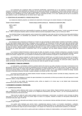 Los conductores de la instalación deben ser fácilmente identificables, especialmente por lo que respecta al conductor neutro y al
conductor de protección. Esta identificación se realizará por los colores que presenten sus aislamientos. Cuando exista conductor neutro en la
instalación o se prevea para un conductor de fase su pase posterior a conductor neutro, se identificarán éstos por el color azul claro. Al conductor
de protección se le identificará por el color verde-amarillo. Todos los conductores de fase, o en su caso, aquellos para los que no se prevea su
pase posterior a neutro, se identificarán por los colores marrón, negro o gris.

3.4. RESISTENCIA DE AISLAMIENTO Y RIGIDEZ DIELECTRICA.

      Las instalaciones deberán presentar una resistencia de aislamiento al menos igual a los valores indicados en la tabla siguiente:

Tensión nominal instalación                    Tensión ensayo corriente continua (V)    Resistencia de aislamiento (MΩ)

      MBTS o MBTP                                                    250                                     ≥ 0,25
      ≤ 500 V                                                        500                                     ≥ 0,50
      > 500 V                                                       1000                                     ≥ 1,00

      La rigidez dieléctrica será tal que, desconectados los aparatos de utilización (receptores), resista durante 1 minuto una prueba de tensión
de 2U + 1000 V a frecuencia industrial, siendo U la tensión máxima de servicio expresada en voltios, y con un mínimo de 1.500 V.

       Las corrientes de fuga no serán superiores, para el conjunto de la instalación o para cada uno de los circuitos en que ésta pueda dividirse a
efectos de su protección, a la sensibilidad que presenten los interruptores diferenciales instalados como protección contra los contactos
indirectos.

4. CAJAS DE EMPALME.

       Las conexiones entre conductores se realizarán en el interior de cajas apropiadas de material plástico resistente incombustible o metálicas,
en cuyo caso estarán aisladas interiormente y protegidas contra la oxidación. Las dimensiones de estas cajas serán tales que permitan alojar
holgadamente todos los conductores que deban contener. Su profundidad será igual, por lo menos, a una vez y media el diámetro del tubo mayor,
con un mínimo de 40 mm; el lado o diámetro de la caja será de al menos 80 mm. Cuando se quieran hacer estancas las entradas de los tubos en
las cajas de conexión, deberán emplearse prensaestopas adecuados. En ningún caso se permitirá la unión de conductores, como empalmes o
derivaciones por simple retorcimiento o arrollamiento entre sí de los conductores, sino que deberá realizarse siempre utilizando bornes de
conexión.

         Los conductos se fijarán firmemente a todas las cajas de salida, de empalme y de paso, mediante contratuercas y casquillos. Se tendrá
cuidado de que quede al descubierto el número total de hilos de rosca al objeto de que el casquillo pueda ser perfectamente apretado contra el
extremo del conducto, después de lo cual se apretará la contratuerca para poner firmemente el casquillo en contacto eléctrico con la caja.

           Los conductos y cajas se sujetarán por medio de pernos de fiador en ladrillo hueco, por medio de pernos de expansión en hormigón y
ladrillo macizo y clavos Split sobre metal. Los pernos de fiador de tipo tornillo se usarán en instalaciones permanentes, los de tipo de tuerca
cuando se precise desmontar la instalación, y los pernos de expansión serán de apertura efectiva. Serán de construcción sólida y capaces de
resistir una tracción mínima de 20 kg. No se hará uso de clavos por medio de sujeción de cajas o conductos.

5. MECANISMOS Y TOMAS DE CORRIENTE.

          Los interruptores y conmutadores cortarán la corriente máxima del circuito en que estén colocados sin dar lugar a la formación de arco
permanente, abriendo o cerrando los circuitos sin posibilidad de torma una posición intermedia. Serán del tipo cerrado y de material aislante. Las
dimensiones de las piezas de contacto serán tales que la temperatura no pueda exceder de 65 ºC en ninguna de sus piezas. Su construcción
será tal que permita realizar un número total de 10.000 maniobras de apertura y cierre, con su carga nominal a la tensión de trabajo. Llevarán
marcada su intensidad y tensiones nominales, y estarán probadas a una tensión de 500 a 1.000 voltios.

        Las tomas de corriente serán de material aislante, llevarán marcadas su intensidad y tensión nominales de trabajo y dispondrán, como
norma general, todas ellas de puesta a tierra.

          Todos ellos irán instalados en el interior de cajas empotradas en los paramentos, de forma que al exterior sólo podrá aparecer el mando
totalmente aislado y la tapa embellecedora.

          En el caso en que existan dos mecanismos juntos, ambos se alojarán en la misma caja, la cual deberá estar dimensionada
suficientemente para evitar falsos contactos.

6. APARAMENTA DE MANDO Y PROTECCION.

6.1. CUADROS ELECTRICOS.

         Todos los cuadros eléctricos serán nuevos y se entregarán en obra sin ningún defecto. Estarán diseñados siguiendo los requisitos de
estas especificaciones y se construirán de acuerdo con el Reglamento Electrotécnico para Baja Tensión y con las recomendaciones de la
Comisión Electrotécnica Internacional (CEI).

           Cada circuito en salida de cuadro estará protegido contra las sobrecargas y cortocircuitos. La protección contra corrientes de defecto
hacia tierra se hará por circuito o grupo de circuitos según se indica en el proyecto, mediante el empleo de interruptores diferenciales de
sensibilidad adecuada, según ITC-BT-24.

         Los cuadros serán adecuados para trabajo en servicio continuo. Las variaciones máximas admitidas de tensión y frecuencia serán del +
5 % sobre el valor nominal.

          Los cuadros serán diseñados para servicio interior, completamente estancos al polvo y la humedad, ensamblados y cableados
totalmente en fábrica, y estarán constituidos por una estructura metálica de perfiles laminados en frío, adecuada para el montaje sobre el suelo, y
paneles de cerramiento de chapa de acero de fuerte espesor, o de cualquier otro material que sea mecánicamente resistente y no inflamable.

          Alternativamente, la cabina de los cuadros podrá estar constituida por módulos de material plástico, con la parte frontal transparente.
 