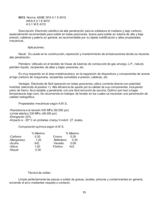 6013: Norma: ASME SFA 5.1 E 6010
AWS A 5.1 E 6010
A 5.1 M E 4310
Descripción: Electrodo celulítico de alta penetración para la soldadura al mediano y bajo carbono
especialmente recomendado para soldar en todas posiciones, bueno para soldar en tubería de alta y baja
presión, calderas y palería en general, es recomendable por su rápida solidificación y altas propiedades
mecánicas.
Aplicaciones:
Naval: Es usado en la construcción, reparación y mantenimiento de embarcaciones donde se necesita
alta penetración.
Petrolero: Utilizado en el tendido de líneas de tuberías de conducción de gas amargo, L.P., natural,
petróleo líquido, recipientes de altas y bajas presiones, etc.
Es muy requerido en el área metalmecánico en la reparación de dispositivos y componentes de aceros
al bajo carbono de maquinaria, recipientes sometidos a presión, calderas, etc.
Ventajas: Electrodo de fácil operación en todas posiciones; utiliza corriente directa con polaridad
invertida (electrodo al positivo +). Alta eficiencia de aporte por la calidad de sus componentes, incluyendo
polvo de hierro. Arco estable y penetrante con una fácil remoción de escoria. Óptimo aún haci a bajas
temperaturas bajo cero. Se recomienda en trabajos de fondeo en los cuales se necesitan una penetración de
calidad radiográfica.
Propiedades mecánicas según A.W.S.
-Resistencia a la tensión 430 MPa (60.000 psi)
-Límite elástico 330 MPa (48.000 psi)
-Elongación 22%
-Impacto a - 30º C en probetas charpy V-notch 27 Joules.
Composición química según A.W.S.
% Máximo % Máximo
-Carbono 0.20 Cromo 0.20
-Manganeso 1.20 Molibdeno 0.30
-Azufre N.E. Vanadio 0.08
-Silicio 1.00 Fósforo N.E.
-Níquel 0.30
Técnica de soldar:
Limpie perfectamente las piezas a soldar de grasas, aceites, pinturas y contaminantes en general,
enciende el arco mediantes raspado o contacto.
15
 