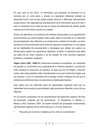 En este caso en los niños       la información que procesan se almacena en la
memoria por un corto plazo y atreves su capacidad intelectual también se
desarrolla mucho más ya que puede prestar atención a diferentes informaciones
porque tienen más capacidad de procesamiento de la información que se le den y
esto va creciendo con la edad asi que si existen las estaciones de cambio desde
cuando se es niño hasta cuando se es adulto.

Existe una alternativa a la existencia de cambios estructurales en la capacidad de
procesamiento que podría explicar estos datos sobre el aumento en la velocidad
de procesamiento. Nos referimos a la existencia de cambios funcionales, es decir,
cambios en el funcionamiento de la memoria operativa consistentes en una mejora
de las habilidades de procesamiento o estrategias que utilizan los sujetos. La
eficacia para realizar las operaciones cognitivas, es decir, la utilización más sabia
por parte de los niños mayores y de los adultos de unos recursos cognitivos
limitados y constantes, explicaría,

Según Case (1981, 1985)“las diferencias evolutivas encontradas, sin necesidad
de postular un crecimiento de la capacidad de la memoria operativa. La teoría de
Case sostiene la existencia de estadios, al igual que las de Piaget y Pascual-
Leone, pero estos estadios están caracterizados no ya por la estructura lógica que
les subyace, ni por el crecimiento de la energía mental o espacio M, sino por la
existencia de diferentes tipos de operaciones intelectuales básicas.”

Esto aclara que hay diferentes tipos de capacidades cognitivas para que se
desarrollen los procesos de aprendizajes cada persona es diferente y todo niño es
diferente.

En un estudio comparativo de las características del desarrollo cognitivo del niño
de preescolar, realizado por las venezolanas,        S. Santamaría, E. Martins, L.
Milazzo y M.A. Quintana, 2007, se pueden apreciar las principales características
del desarrollo cognitivo de los niños entre los 4 y 5 años. Estas son:

•      Recuerda por lo menos 4 objetos que ha visto en una ilustración.




                                         34
 