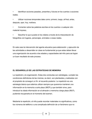 •     Identificar acciones pasadas, presentes y futuras en los cuentos o acciones
reales.

•     Utilizar nociones temporales tales como: primero, luego, al final, antes,
después, ayer, hoy, mañana.

•     Comentar sobre las palabras escritas en los cuentos o cualquier otro
material impreso.

•     Descifrar lo que sucede en los relatos a través de la interpretación de
fotografías con lugares, personajes, animales o cosas reales.




En este caso la intervención del agente educativo para elaboración y ejecución de
las actividades a desarrollar en clase es fundamental ya que estas deben llevar
una organización de acuerdo a las edades y capacidades del niño para asi lograr
un buen resultado de este proceso.




EL DESARROLLO DE LAS ESTRATEGIAS DE MEMORIA

La repetición y la organización. Estas dos conductas son estrategias, cumplen las
condiciones definitorias de las mismas, es decir, son planteadas y realizadas con
el propósito de conseguir un fin: el recuerdo posterior. La repetición es una
estrategia básica que solemos utilizar siempre que queremos mantener una
información en la memoria a corto plazo (MCP) y que también sirve, para
introducir la citada información en el almacén o memoria a largo plazo (MLP),
pudiendo recuperarla en el momento del examen.



Mediante la repetición, el niño puede recordar materiales no significativos, como
los números de teléfono o una complicada definición de un fenómeno que no




                                         38
 