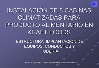 INSTALACIÓN DE 8 CABINAS 
CLIMATIZADAS PARA 
PRODUCTO ALIMENTARIO EN 
KRAFT FOODS 
ESTRUCTURA, IMPLANTACIÓN DE 
EQUIPOS, CONDUCTOS Y 
TUBERÍA 
PROYECTO REALIZADO EN PTC PRO/ENGINEER POR DANIEL FONSECA 
 