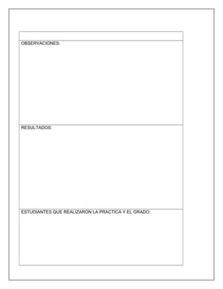 OBSERVACIONES:
RESULTADOS:
ESTUDIANTES QUE REALIZARON LA PRACTICA Y EL GRADO:
 