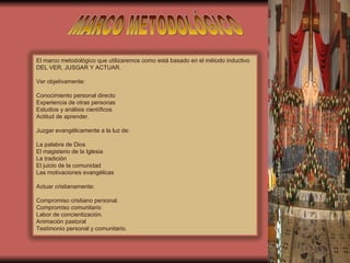 MARCO METODOLÓGICO El marco metodológico que utilizaremos como está basado en el método inductivo DEL VER, JUSGAR Y ACTUAR. Ver objetivamente:  Conocimiento personal directo Experiencia de otras personas Estudios y análisis científicos Actitud de aprender. Juzgar evangélicamente a la luz de: La palabra de Dios El magisterio de la Iglesia La tradición El juicio de la comunidad Las motivaciones evangélicas Actuar cristianamente: Compromiso cristiano personal. Compromiso comunitario Labor de concientización. Animación pastoral Testimonio personal y comunitario. 