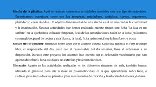 Rincón de la plástica: Aquí se realizan numerosas actividades manuales con todo tipo de materiales.
Encontramos materiales como son las témperas, rotuladores, cartulinas, tijeras, pegamento,
plastidecor, ceras blandas... El objetivo fundamental de este rincón es el de desarrollar la creatividad
y la imaginación. Algunas actividades que hemos realizado en este rincón son: ficha "la luna es un
satélite" en la que hemos utilizado témperas, ficha de las constelaciones, taller de la luna (realizamos
con un globo, papel de cocina y cola blanca, la luna), ficha ¿cómo está hoy la luna?, entre otras.
Rincón del ordenador: Utilizado sobre todo por el alumno autista. Cada día, durante el rato de juego
libre, el responsable del día, junto con el responsable del día anterior, tiene el ordenador a su
disposición. Durante este proyecto los alumnos han escrito con el ordenador vocabulario que han
aprendido sobre la luna, sus fases, las estrellas y las constelaciones.
Gimnasio: Aparte de las actividades realizadas en los diferentes rincones del aula, también hemos
utilizado el gimnasio para dar la clase de psicomotricidad, en la que aprendieron, sobre todo, a
realizar giros imitando a los planetas, y los movimientos de rotación y traslación de la tierra y la luna.
 