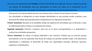 En cuanto a la organización del tiempo, lo hemos distribuido de la siguiente manera, siempre teniendo
un carácter de flexibilidad. Aun así, diariamente se marca un orden en la realización de las
actividades, puesto que este ayuda a los alumnos a interiorizar la secuenciación de tareas.
El proyecto se ha desarrollado durante una semana entera, desde el lunes hasta el viernes.
Las actividades se integrarán en unos tiempos distribuidos en una jornada escolar continua, cuya
secuencia de trabajo aproximada estaría compuesta por los siguientes momentos:
Primer momento: Reunión en la asamblea, donde de explicará las actividades que se llevarán a cabo,
se reflexionará sobre el tema y se realizarán las rutinas.
Segundo momento: Pasarán a sentarse cada uno en la mesa correspondiente y se dispondrán a
realizar las actividades propuestas.
Tercer momento: Se realiza el trabajo individual o por rincones. Trabajo que ya conocen porque
previamente se les ha explicado. Esta forma de trabajo nos permite atender mejor a las diferencias
individuales y contribuye al desarrollo de todas sus capacidades (sociales, afectivas, motrices,
cognitivas e individuales).
 