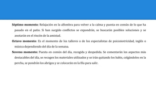 Séptimo momento: Relajación en la alfombra para volver a la calma y puesta en común de lo que ha
pasado en el patio. Si han surgido conflictos se expondrán, se buscarán posibles soluciones y se
anotarán en el rincón de la amistad.
Octavo momento: Es el momento de los talleres o de los especialistas de psicomotricidad, inglés o
música dependiendo del día de la semana.
Noveno momento: Puesta en común del día, recogida y despedida. Se comentarán los aspectos más
destacables del día, se recogen los materiales utilizados y se irán quitando los babis, colgándolos en la
percha, se pondrán los abrigos y se colocarán en la fila para salir.
 