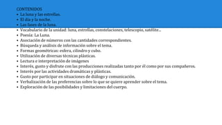 CONTENIDOS
⦁ La luna y las estrellas.
⦁ El día y la noche.
⦁ Las fases de la luna.
⦁ Vocabulario de la unidad: luna, estrellas, constelaciones, telescopio, satélite...
⦁ Poesía: La Luna.
⦁ Asociación de números con las cantidades correspondientes.
⦁ Búsqueda y análisis de información sobre el tema.
⦁ Formas geométricas: esfera, cilindro y cubo.
⦁ Utilización de diversas técnicas plásticas.
⦁ Lectura e interpretación de imágenes
⦁ Interés, gusto y disfrute con las producciones realizadas tanto por él como por sus compañeros.
⦁ Interés por las actividades dramáticas y plásticas.
⦁ Gusto por participar en situaciones de diálogo y comunicación.
⦁ Verbalización de las preferencias sobre lo que se quiere aprender sobre el tema.
⦁ Exploración de las posibilidades y limitaciones del cuerpo.
 