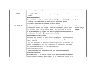 necesario todos los días.
INICIO MOTIVACIÓN: Presentamos unas imágenes de hojas de semillas de diferentes
formas.
Situación problemática:
Preguntamos: ¿Qué será lo que tenemos en la imagen? ¿Para que servirán? ¿Todos son
iguales? La docente sacará de una caja de sorpresa una bolsa de semillas.
PROPÓSITO: Comunicamos que hoy vamos agrupar las semillas.
Caja sorpresa
Cuento
DESARROLLO Familiarización del problema: Se les plantea el siguiente problema: Lucia fue al mercado
y compró varias semillas, pero al llegar a casa se dio cuenta que la bolsa se rompió y
todo se combinó ¿Cómo crees que podemos ayudar a Lucia para ordenar las semillas?
Se les lee nuevamente el problema y se les realiza las siguientes preguntas: ¿Qué
compró Lucia en el mercado? ¿Qué paso con esas semillas?, etc.
Búsqueda y ejecución de estrategias:
A cada niño se le entregará una bolsita con diferentes semillas y preguntamos: ¿Qué
vamos hacer? ¿Qué podemos hacer con estas semillas? ¿Todas son iguales? ¿Cómo lo
podemos ordenar?
Luego cada niño explora los materiales y arma las agrupaciones que considere a su
criterio, acompañamos a los niños observando sus agrupaciones realizadas y
mencionamos algunas preguntas sin interrumpir sus acciones.
Socializa sus representaciones:
Los niños y niñas mencionan lo que han realizado, como han agrupado sus semillas.
Reflexión y formalización:
Mediante preguntas ¿A que jugaron? ¿Por qué hiciste de esta manera las agrupaciones?
¿Esta semilla pertenece a este grupo? A partir de sus respuestas se concluye con los
Imágenes
Hojas de trabajo
Colores
 
