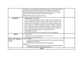 para generar la conversación: ¿Son conocidas estas hojas por ustedes? ¿De qué planta
provienen? ¿Crecen en nuestra localidad? Luego, les pregunta: ¿De qué manera
podríamos agrupar las hojas? Clasifican según sus criterios (forma, color, tamaño,
grosor). Los niños realizan sus agrupaciones y dan sus respuestas
PROPOSITO: Mencionamos el propósito del tema.
DESARROLLO AGRUPAMOS LAS HOJAS
Por grupos, seleccionen hojas, las limpien con cuidado y traten de pegarlas en la
hoja de cartulina que entrega la docente, junto a ellas los niños y niñas
registrarlos datos que tengan de las hojas ya sea con palotes, huellas gráficas o
dibujos, se dan las indicaciones necesarias y la docente acompaña a cada grupo
en los trabajos que realizan, concluidos los trabajos la docente conforma el
álbum, perforando cada hoja de cartulina, poniéndoles una tapa y pasando una
cinta. Todos los niños hojean el álbum y lo colocan en la biblioteca.
TRABAJAMOS LA FICHA
Se entrega a los niños una ficha de trabajo para recortar y luego agrupar.
CIERRE ¿Qué aprendí?
¿Tuve alguna dificultad para aprenderlo y como lo superaste?
¿En qué me servirá lo aprendido hoy?
Rutina de refrigerio y
recreo
Hora de refrigerio
- Los niños y niñas proceden a realizar el lavado correcto de manos para consumir
los alimentos de su lonchera.
- Realizamos la oración de agradecimiento por los alimentos.
RECREO
- Enseguida van al recreo previamente se les da las recomendaciones necesarias.
- Al retornar al aula se lavan correctamente las manos.
TALLER
 