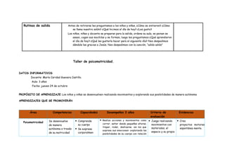 Rutinas de salida Antes de retirarse les preguntamos a los niños y niñas, ¿Cómo se sintieron? ¿Cómo
se llama nuestro salón? ¿Qué hicimos el día de hoy? ¿Les gusto?
Los niños, niñas y docente se preparan para la salida, ordena su aula, se peinan se
asean, cogen sus mochilas y se forman, luego les preguntamos ¿Qué aprendieron
el día de hoy? ¿Qué les gustaría hacer para el siguiente día? Nos despedimos
dándole las gracias a Jesús, Nos despedimos con la canción, “adiós adiós”
Taller de psicomotricidad.
DATOS INFORMATIVOS
Docente: María Caridad Guevara Castillo.
Aula: 3 años
Fecha: jueves 24 de octubre
PROPÓSITO DE APRENDIZAJE: Los niños y niñas se desenvuelven realizando movimientos y explorando sus posibilidades de manera autónoma
APRENDIZAJES QUE SE PROMOVERÁN
Área Competencias Capacidades Desempeños 3 años Criterio de
evaluación
Evidencias
Psicomotricidad Se desenvuelve
de manera
autónoma a través
de su motricidad
 Comprende
su cuerpo
 Se expresa
corporalmen
 Realiza acciones y movimientos como
correr, saltar desde pequeñas alturas,
trepar, rodar, deslizarse –en los que
expresa sus emociones– explorando las
posibilidades de su cuerpo con relación
 Juega realizando
movimientos con
materiales, el
espacio y su propio
 Crea
proyectos motores
espontánea mente.
 