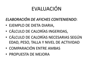 EVALUACIÓN
ELABORACIÓN DE AFICHES CONTENIENDO:
• EJEMPLO DE DIETA DIARIA,
• CÁLCULO DE CALORÍAS INGERIDAS,
• CÁLCULO DE CALORÍAS NECESARIAS SEGÚN
EDAD, PESO, TALLA Y NIVEL DE ACTIVIDAD
• COMPARACIÓN ENTRE AMBAS
• PROPUESTA DE MEJORA
 