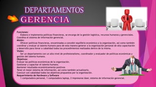 Funciones:
Elabora e implementa políticas financieras, se encarga de la gestión logística, recursos humanos y gerenciales.
Coordina el sistema de información gerencial.
Misión:
Ofrecer políticas financieras, encaminadas a concebir equilibrio económico a la organización, así como también
coordinar y evaluar al talento humano para de esta manera generar a la organización personal de alta capacitación
y desarrollo para llevar a cabalidad todos los procedimientos realizados dentro de la misma.
Visión:
Ser un departamento con un alto nivel de profesionalismo, coordinador y evaluador de políticas económicas y
gestión del talento humano.
Objetivos:
Evaluar las políticas económicas de la organización.
Gestionar y capacitar el talento humano.
Mantener resultados económicamente positivos
Tener el mejor sistema de información, así como también actualizarlo.
Concluir con cabalidad todos los objetivos propuestos por la organización.
Requerimiento de Hardware y Software
1 computadora personal, 1 computadora laptop, 2 impresoras láser, sistema de información gerencial.
 