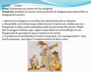 9no día Fecha:
Tema: inventemos un cuento con las imágenes
Propósito: producir un cuento corto partiendo de imágenes para desarrollar su
Imaginación creativa
1. observen las imágenes y escuchen las orientaciones de su maestra/
2. Recuérdele a los niños/as que deben iniciar el cuento con «había una vez».
Pregúntale si saben cuales animalitos serán los personaje del cuento. Pídale
Que le pongan nombre y que según lo que observen en los dibujos se van
Imaginando lo que quieren que se cuente en el cuento.
3. la profesora va escribiendo el cuento e la pizarra, y le va preguntando ( ?qué
más le ponemos , qué sigue? Cuando terminen lo leen a coro..
 