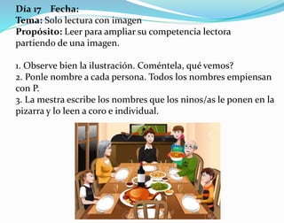 Día 17 Fecha:
Tema: Solo lectura con imagen
Propósito: Leer para ampliar su competencia lectora
partiendo de una imagen.
1. Observe bien la ilustración. Coméntela, qué vemos?
2. Ponle nombre a cada persona. Todos los nombres empiensan
con P.
3. La mestra escribe los nombres que los ninos/as le ponen en la
pizarra y lo leen a coro e individual.
 
