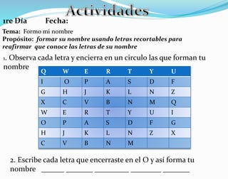 1re Día Fecha:
Tema: Formo mi nombre
Propósito: formar su nombre usando letras recortables para
reafirmar que conoce las letras de su nombre
1. Observa cada letra y encierra en un circulo las que forman tu
nombre
Q W E R T Y U
I O P A S D F
G H J K L N Z
X C V B N M Q
W E R T Y U I
O P A S D F G
H J K L N Z X
C V B N M
2. Escribe cada letra que encerraste en el O y así forma tu
nombre ______ _______ _________ ________ _______
 