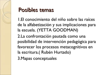 Posibles temas
1.El conocimiento del niño sobre las raíces
de la alfabetización y sus implicaciones para
la escuela. (YETTA GOODMAN)
2.La confrontación pautada como una
posibilidad de intervención pedagógica para
favorecer los procesos metacognitivos en
la escritura.( Rubén Hurtado)
3.Mapas conceptuales
 