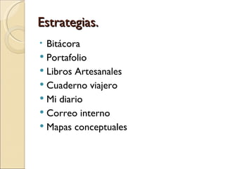 Estrategias.
• Bitácora
 Portafolio
 Libros Artesanales
 Cuaderno viajero
 Mi diario
 Correo interno
 Mapas conceptuales
 