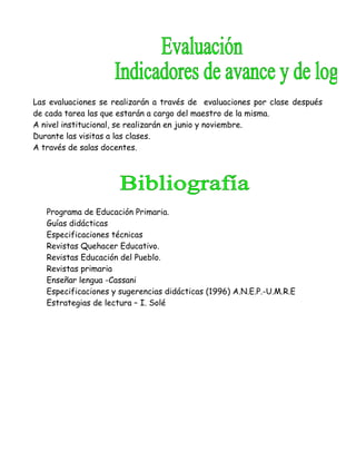 Las evaluaciones se realizarán a través de evaluaciones por clase después
de cada tarea las que estarán a cargo del maestro de la misma.
A nivel institucional, se realizarán en junio y noviembre.
Durante las visitas a las clases.
A través de salas docentes.
Programa de Educación Primaria.
Guías didácticas
Especificaciones técnicas
Revistas Quehacer Educativo.
Revistas Educación del Pueblo.
Revistas primaria
Enseñar lengua -Cassani
Especificaciones y sugerencias didácticas (1996) A.N.E.P.-U.M.R.E
Estrategias de lectura – I. Solé
 