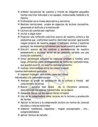  ordenar secuencias de cuentos a través de imágenes pequeños
textos escritos individual o en equipos, involucrando también a la
familia.
 Profundizar en la trama descriptiva y narrativa.
 Realizar narraciones orales en espacios de lectura recreativa,
generando el disfrute y la motivación
 Lectura de cuentos por capítulos
 invitar a algún autor
 Propiciar una reflexión colectiva acerca de nuestra cultura y los
elementos que conforman nuestra identidad nacional: aparecerán
rasgos propios de nuestra lengua ( refranes, dichos..) nuestros
paisajes, los elementos cotidianos que hacen nuestro patrimonio
 Discutir acerca de los cambios y permanencias de nuestro
pensamiento y accionar social en un contexto variable con una
evolución constante.
 Crear personajes actuales en espacios urbanos y rurales, para
luego utilizarlos como protagonistas de historias costumbristas,
que puedan ocurrir en nuestra realidad presente.
 realizar intercambios entre las clases creando
cuentos motivadores para ellos
 exponer trabajos realizados, como ser libros
individuales a la comunidad escolar
 Analizar el grado de apropiación de la cultura a través del
conocimiento de obras.
 Buscar autores mas leídos de la literatura universal,
descubriendo los valores transmitidos en su época
 Comparar libros con los nuevos libros virtuales
 Uso de la computadora como recurso en la lectura y producción
de textos.
 Aplicar la lectura y la comprensión lectora en textos de ciencias
sociales y ciencias naturales
 elaborar resúmenes, esquemas , mapas conceptuales , etc..,
comprendiéndolos
 aplicar técnica de estudio
 