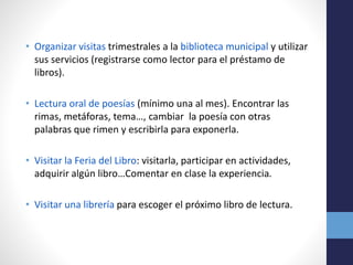 • Organizar visitas trimestrales a la biblioteca municipal y utilizar
sus servicios (registrarse como lector para el préstamo de
libros).
• Lectura oral de poesías (mínimo una al mes). Encontrar las
rimas, metáforas, tema…, cambiar la poesía con otras
palabras que rimen y escribirla para exponerla.
• Visitar la Feria del Libro: visitarla, participar en actividades,
adquirir algún libro…Comentar en clase la experiencia.
• Visitar una librería para escoger el próximo libro de lectura.
 