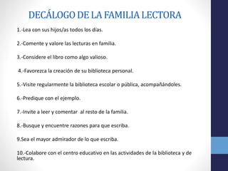 DECÁLOGODE LA FAMILIALECTORA
1.-Lea con sus hijos/as todos los días.
2.-Comente y valore las lecturas en familia.
3.-Considere el libro como algo valioso.
4.-Favorezca la creación de su biblioteca personal.
5.-Visite regularmente la biblioteca escolar o pública, acompañándoles.
6.-Predique con el ejemplo.
7.-Invite a leer y comentar al resto de la familia.
8.-Busque y encuentre razones para que escriba.
9.Sea el mayor admirador de lo que escriba.
10.-Colabore con el centro educativo en las actividades de la biblioteca y de
lectura.
 