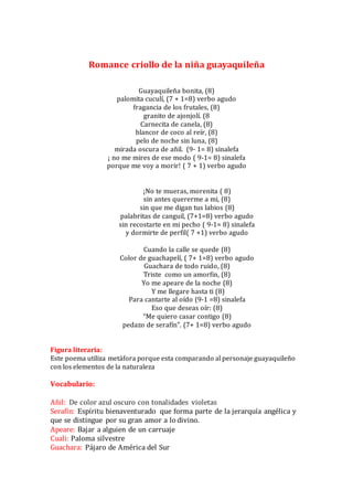 Romance criollo de la niña guayaquileña
Guayaquileña bonita, (8)
palomita cuculí, (7 + 1=8) verbo agudo
fragancia de los frutales, (8)
granito de ajonjolí. (8
Carnecita de canela, (8)
blancor de coco al reír, (8)
pelo de noche sin luna, (8)
mirada oscura de añil. (9- 1= 8) sinalefa
¡ no me mires de ese modo ( 9-1= 8) sinalefa
porque me voy a morir! ( 7 + 1) verbo agudo
¡No te mueras, morenita ( 8)
sin antes quererme a mi, (8)
sin que me digan tus labios (8)
palabritas de canguil, (7+1=8) verbo agudo
sin recostarte en mi pecho ( 9-1= 8) sinalefa
y dormirte de perfil( 7 +1) verbo agudo
Cuando la calle se quede (8)
Color de guachapelí, ( 7+ 1=8) verbo agudo
Guachara de todo ruido, (8)
Triste como un amorfin, (8)
Yo me apeare de la noche (8)
Y me llegare hasta ti (8)
Para cantarte al oído (9-1 =8) sinalefa
Eso que deseas oír: (8)
“Me quiero casar contigo (8)
pedazo de serafín”. (7+ 1=8) verbo agudo
Figura literaria:
Este poema utiliza metáfora porque esta comparando al personaje guayaquileño
con los elementos de la naturaleza
Vocabulario:
Añil: De color azul oscuro con tonalidades violetas
Serafín: Espíritu bienaventurado que forma parte de la jerarquía angélica y
que se distingue por su gran amor a lo divino.
Apeare: Bajar a alguien de un carruaje
Cuali: Paloma silvestre
Guachara: Pájaro de América del Sur
 