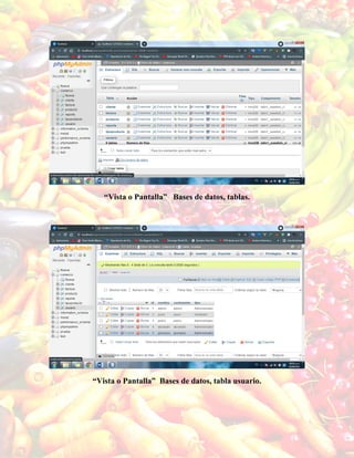 “Vista o Pantalla” Bases de datos, tablas.
“Vista o Pantalla” Bases de datos, tabla usuario.
 