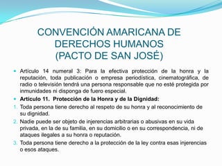CONVENCIÓN AMARICANA DE DERECHOS HUMANOS (PACTO DE SAN JOSÉ)Artículo 14 numeral 3: Para la efectiva protección de la honra y la reputación, toda publicación o empresa periodística, cinematográfica, de radio o televisión tendrá una persona responsable que no esté protegida por inmunidades ni disponga de fuero especial.Artículo 11.  Protección de la Honra y de la Dignidad:Toda persona tiene derecho al respeto de su honra y al reconocimiento de su dignidad.Nadie puede ser objeto de injerencias arbitrarias o abusivas en su vida privada, en la de su familia, en su domicilio o en su correspondencia, ni de ataques ilegales a su honra o reputación.Toda persona tiene derecho a la protección de la ley contra esas injerencias o esos ataques.