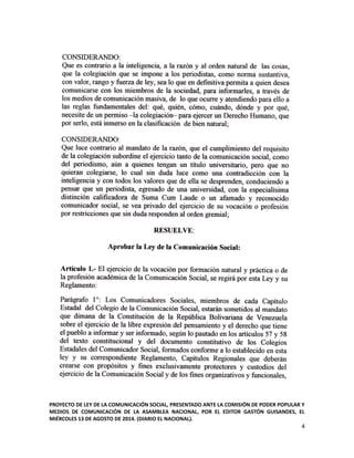 Proyecto de Ley de la Comunicación Social (Gastón Guisandes, agosto 2014, Venezuela)