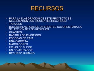 RECURSOS PARA LA ELABORACION DE ESTE PROYECTO SE NECESITARON LOS SIGUIENTES RECURSOS: TANQUES BOLSAS PLASTICAS DE DIFERENTES COLORES PARA LA SELECCIÓN DE LOS RESIDUOS GUANTES  RASTRILLOS PLASTICOS ESCOBAS DE PAJA UNA CARRETA MARCADORES HOJAS DE BLOCK UN COMPUTADOR RECURSO HUMANO 