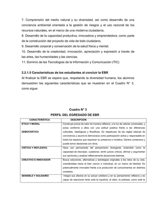 7. Comprensión del medio natural y su diversidad, así como desarrollo de una
conciencia ambiental orientada a la gestión de riesgos y el uso racional de los
recursos naturales, en el marco de una moderna ciudadanía.
8. Desarrollo de la capacidad productiva, innovadora y emprendedora; como parte
de la construcción del proyecto de vida de todo ciudadano.
9. Desarrollo corporal y conservación de la salud física y mental.
10. Desarrollo de la creatividad, innovación, apreciación y expresión a través de
las artes, las humanidades y las ciencias.
11. Dominio de las Tecnologías de la Información y Comunicación (TIC)
2.2.1.5 Características de los estudiantes al concluir la EBR
Al finalizar la EBR se espera que, respetando la diversidad humana, los alumnos
demuestren las siguientes características que se muestran en el Cuadro N° 3,
como sigue:
Cuadro N° 3
PERFIL DEL EGRESADO DE EBR
CARACTERISTICA DESCRIPCIÓN
ÉTICO Y MORAL
DEMOCRÁTIC0
Construye juicios de valor de manera reflexiva, a la luz de valores universales, y
actúa conforme a ellos con una actitud positiva frente a las diferencias
culturales, ideológicas y filosóficas. Es respetuoso de las reglas básicas de
convivencia y asume la democracia como participación activa y responsable en
todos los espacios que requieran su presencia e iniciativa. Genera consensos y
puede tomar decisiones con otros.
CRÍTICO Y REFLEXIVO. Hace uso permanente del pensamiento divergente; entendido como la
capacidad de discrepar, cuestionar, emitir juicios críticos, afirmar y argumentar
sus opiniones y analizar reflexivamente situaciones distintas.
CREATIVO E INNOVADOR Busca soluciones, alternativas y estrategias originales a los retos de su vida,
orientándolas hacia el bien común e individual, en un marco de libertad. Es
potencialmente innovador frente a la producción de conocimientos en distintos
contextos.
SENSIBLE Y SOLIDARIO Integra sus afectos en su actuar cotidiano y en su pensamiento reflexivo y es
capaz de reaccionar tanto ante la injusticia, el dolor, la pobreza; como ante la
 