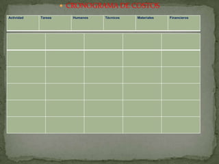 CRONOGRAMA DE COSTOS
Actividad

Tareas

Humanos

Técnicos

Materiales

Financieros

 