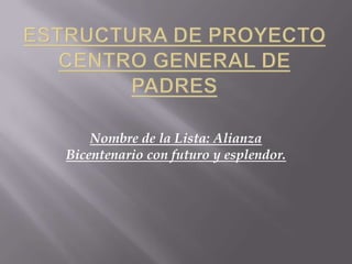 Nombre de la Lista: Alianza
Bicentenario con futuro y esplendor.
 