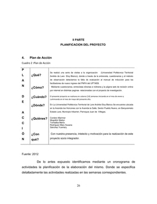 II PARTE
                                     PLANIFICACION DEL PROYECTO



4.    Plan de Acción
Cuadro 2 :Plan de Acción

P
                       Se realizó una serie de visitas a la organización           (Universidad Politécnica Territorial
L      ¿Qué?           Andrés de Lara Eloy Blanco), donde a través de la entrevista, cuestionarios y el método

A                      de observación detectamos la falta de evaluación al manual de inducción para los
                       facilitadores de nuevo ingreso del PNFA del UPTAEB.
N                          Mediante cuestionarios, entrevistas directas e indirecta y la página web de revisión online
       ¿Cómo?
                       por internet en distintas paginas relacionadas con el proyecto de investigación.


D      ¿Cuándo?        El presente proyecto se realizara en catorce (14) semanas iniciando en el mes de enero y
                       culminando en el mes de mayo del presente año.
E
       ¿Dónde?         En La Universidad Politécnica Territorial de Lara Andrés Eloy Blanco Se encuentra ubicada
                       en la Avenida los Horcones con la Avenida la Salle, Sector Pueblo Nuevo, en Barquisimeto

A                      Estado Lara, Municipio Iribarren, Parroquia Juan de Villegas.


C      ¿Quiénes?       Cordero Marimer
                       Mogollón Mailyn
C                      Torrealba María
                       Rodríguez Mary Susana
                       Sánchez Yusmary
I
Ó      ¿Con                Con nuestra presencia, intelecto y motivación para la realización de este

N                      proyecto socio integrador.
       qué?



Fuente: 2012

            De lo antes expuesto identificamos mediante un cronograma de
actividades la planificación de la elaboración del mismo. Donde se especifica
detalladamente las actividades realizadas en las semanas correspondientes .



                                                       26
 