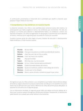 A continuación presentamos el desarrollo de la actividad que diseñó la docente para
provocar mayor interés en los niños:
• Comprobamos si hay lombrices en nuestro huerto
La docente convocó a los niños a una asamblea para conversar acerca del interés y la
preocupación que había surgido en torno a las lombrices que encontraron. Por ello, les
propuso ir al huerto para observar si efectivamente había o no lombrices y tomar una
decisión al respecto. Los niños se organizaron en dos grupos. El primero fue con la docente
al huerto, mientras que el segundo grupo se quedó en el aula con la auxiliar.
Cuando el primer grupo de niños llegó al huerto, trataron de descubrir si efectivamente
había lombrices y si eran muchas o pocas.
De regreso al aula, los niños contaron a sus compañeros que habían visto lombrices debajo
de la tierra, luego la docente les propuso representar con dibujos o con plastilina lo que les
llamó más la atención de lo que vieron. Mientras los niños del primer grupo dibujaban, la
docente fue al huerto con el segundo grupo.
Con la información brindada, el segundo grupo sabía que debían de buscar debajo de la
tierra, por lo que se valieron de algunas ramitas para escarbar. Previamente, la docente les
pidió hacerlo con cuidado para evitar lastimar a las lombrices.
Ricardo:	 No veo nada.
Mariano:	 Creoqueseasustaronyseestánescondiendodenosotros.
Rafaela:	 ¡Aquí hay una! ¡Ay no! Era un palito.
Mariano:	 A ver, haz hueco con el palito.
Ana:	 Hay que escarbar.
Ysabel:	 Mira hay una, sí yo la encontré.
Docente:	 Sí, la vi. ¿Cómo hicieron para encontrarla?
Rafaela:	 Estaba escondida debajo de la tierra.
Docente:	 Quizás las lombrices prefieren estar debajo de la tierra.
Mariano:	 Sí, para que no las atrapen.
Docente:	 Bueno, vamos al aula a contarle al grupo lo que vimos.
PROYECTO1
PROYECTOS DE APRENDIZAJE EN EDUCACIÓN INICIAL
9
 