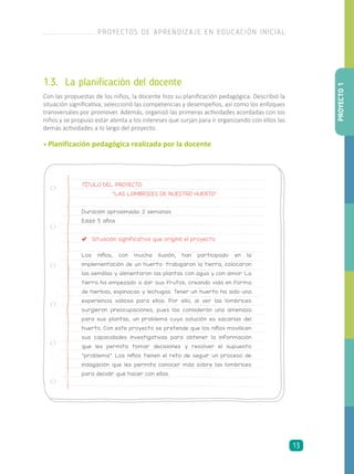 1.3.	 La planificación del docente
Con las propuestas de los niños, la docente hizo su planificación pedagógica. Describió la
situación significativa, seleccionó las competencias y desempeños, así como los enfoques
transversales por promover. Además, organizó las primeras actividades acordadas con los
niños y se propuso estar atenta a los intereses que surjan para ir organizando con ellos las
demás actividades a lo largo del proyecto.
• Planificación pedagógica realizada por la docente
Duración aproximada: 2 semanas
Edad: 5 años
Situación significativa que originó el proyecto
Los niños, con mucha ilusión, han participado en la
implementación de un huerto: trabajaron la tierra, colocaron
las semillas y alimentaron las plantas con agua y con amor. La
tierra ha empezado a dar sus frutos, creando vida en forma
de hierbas, espinacas y lechugas. Tener un huerto ha sido una
experiencia valiosa para ellos. Por ello, al ver las lombrices
surgieron preocupaciones, pues las consideran una amenaza
para sus plantas, un problema cuya solución es sacarlas del
huerto. Con este proyecto se pretende que los niños movilicen
sus capacidades investigativas para obtener la información
que les permita tomar decisiones y resolver el supuesto
“problema”. Los niños tienen el reto de seguir un proceso de
indagación que les permita conocer más sobre las lombrices
para decidir qué hacer con ellas.
TÍTULO DEL PROYECTO:
                “LAS LOMBRICES DE NUESTRO HUERTO”
PROYECTO1
PROYECTOS DE APRENDIZAJE EN EDUCACIÓN INICIAL
13
 