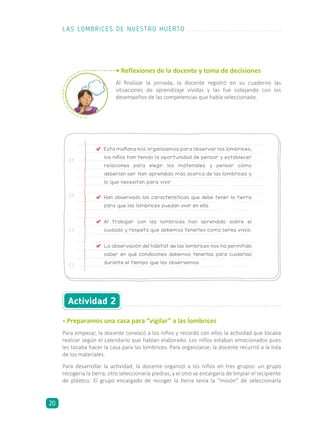 Esta mañana nos organizamos para observar las lombrices;
los niños han tenido la oportunidad de pensar y establecer
relaciones para elegir los materiales y pensar cómo
deberían ser. Han aprendido más acerca de las lombrices y
lo que necesitan para vivir.
	 Han observado las características que debe tener la tierra
para que las lombrices puedan vivir en ella.
	Al trabajar con las lombrices han aprendido sobre el
cuidado y respeto que debemos tenerles como seres vivos.
	 La observación del hábitat de las lombrices nos ha permitido
saber en qué condiciones debemos tenerlas para cuidarlas
durante el tiempo que las observemos.
Actividad 2
• Preparamos una casa para “vigilar” a las lombrices
Para empezar, la docente convocó a los niños y recordó con ellos la actividad que tocaba
realizar según el calendario que habían elaborado. Los niños estaban emocionados pues
les tocaba hacer la casa para las lombrices. Para organizarse, la docente recurrió a la lista
de los materiales.
Para desarrollar la actividad, la docente organizó a los niños en tres grupos: un grupo
recogería la tierra; otro seleccionaría piedras; y el otro se encargaría de limpiar el recipiente
de plástico. El grupo encargado de recoger la tierra tenía la “misión” de seleccionarla
• Reflexiones de la docente y toma de decisiones
Al finalizar la jornada, la docente registró en su cuaderno las
situaciones de aprendizaje vividas y las fue cotejando con los
desempeños de las competencias que había seleccionado.
LAS LOMBRICES DE NUESTRO HUERTO
20
 