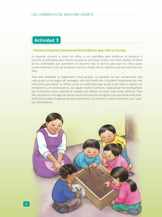 Actividad 3
• Vamos al huerto y buscamos las lombrices que irán en la casa
La docente convocó a todos los niños a una asamblea para continuar el proyecto y
recurrió al calendario para leerles la próxima actividad. Si bien, los niños estaban al tanto
de las actividades que acordaron, la docente leyó lo escrito para que los niños vayan
comprendiendo el uso de la palabra escrita a través de los registros que iba haciendo con
ellos.
Para esta actividad se organizaron cinco grupos. La docente vio por conveniente que
cada grupo se encargue de conseguir solo dos lombrices. Consideró importante dar esa
indicación para poner un límite, como un continente que ayude a los niños a regular sus
emociones y, en consecuencia, no saquen tantas lombrices. Cada grupo fue acompañado
por la docente, quien anticipó el cuidado que debían de tener para evitar dañarlas. Para
ello, escarbaron con algunas ramas y al encontrarlas las recogieron con ayuda de la docente.
Al terminar todos los grupos de sacar lombrices, las contaron y vieron que tenía una “casa”
con 10 lombrices.
LAS LOMBRICES DE NUESTRO HUERTO
22
 